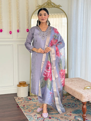 Divine Grey Color Chanderi Fabric Designer Suit