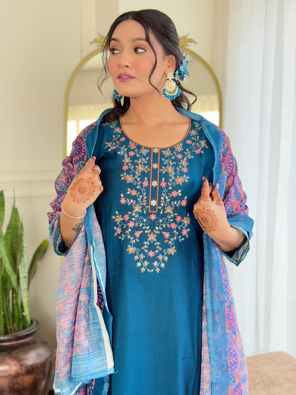 Divine Teal Color Chanderi Fabric Designer Suit