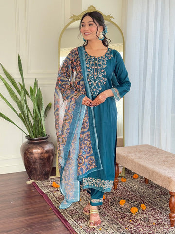 Divine Teal Color Chanderi Fabric Designer Suit