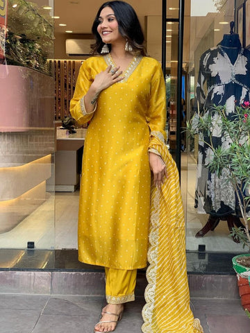 Amazing Yellow Color Vichitra Fabric Designer Suit