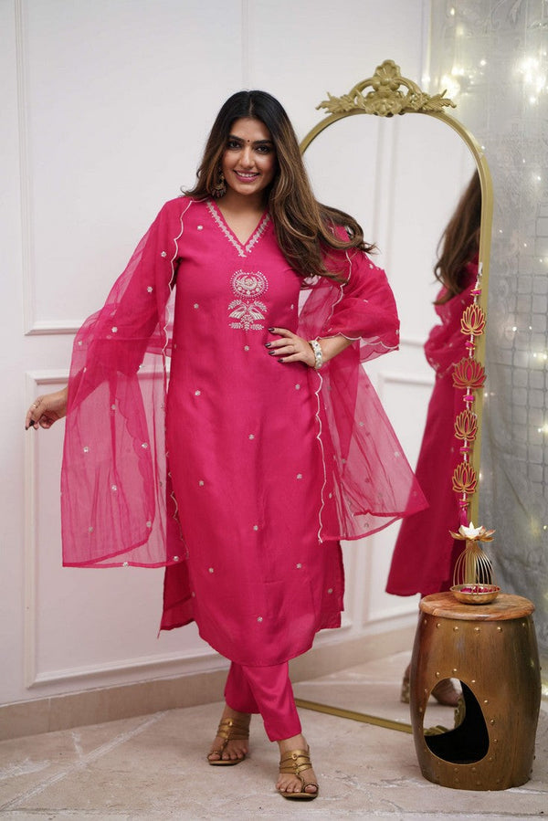 Amazing Pink Color Chanderi Fabric Designer Suit