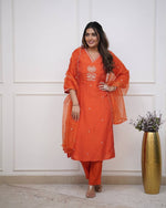 Amazing Orange Color Chanderi Fabric Designer Suit