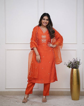 Amazing Orange Color Chanderi Fabric Designer Suit