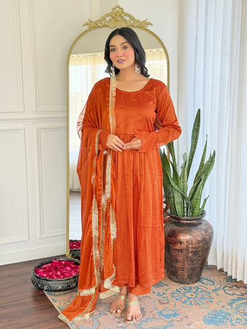 Amazing Orange Color Vichitra Fabric Designer Suit