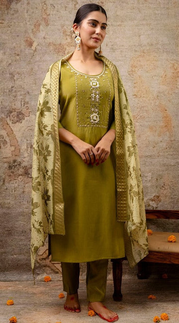 Striking Green Color Shimmar   Fabric Designer Suit