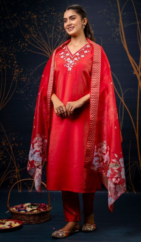 Striking Red Color Shimmer   Fabric Designer Suit
