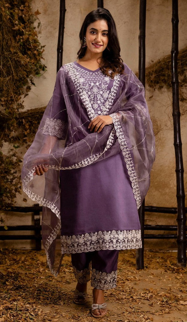 Striking Purple Color Silk Fabric Designer Suit