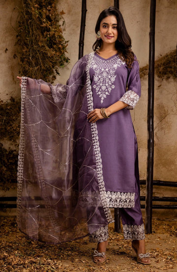 Striking Purple Color Silk Fabric Designer Suit