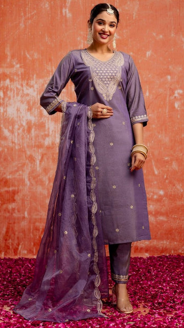 Striking Purple Color Silk Fabric Designer Suit