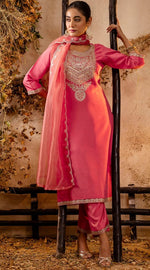 Striking Peach Color Silk Fabric Designer Suit