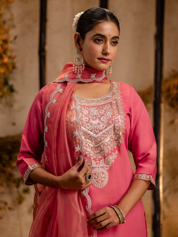 Striking Peach Color Silk Fabric Designer Suit