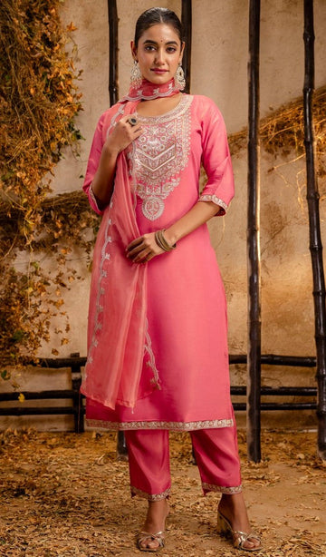 Striking Peach Color Silk Fabric Designer Suit