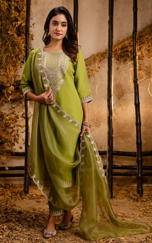 Striking Green Color Silk Fabric Designer Suit