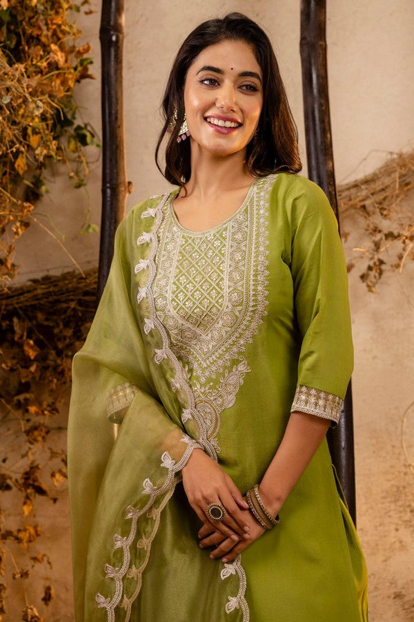 Striking Green Color Silk Fabric Designer Suit