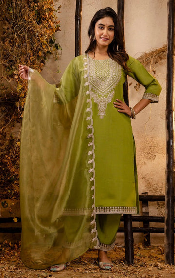Striking Green Color Silk Fabric Designer Suit
