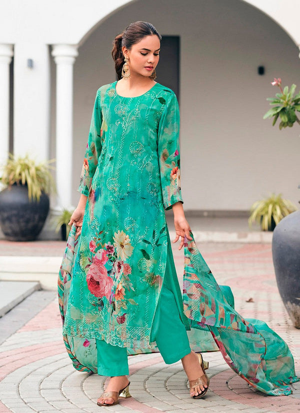 Tasteful Green Color Georgette Fabric Designer Suit