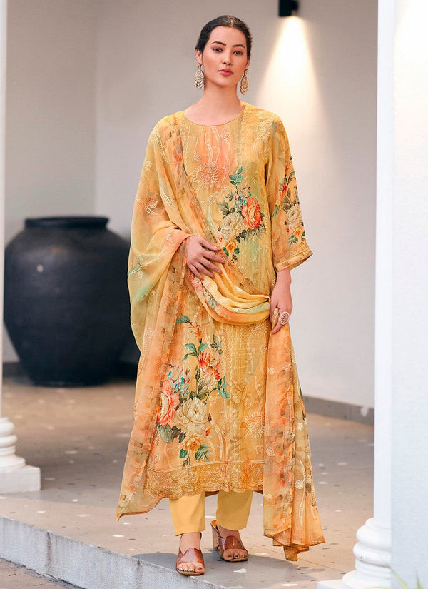 Tasteful Mustard Color Georgette Fabric Designer Suit