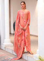 Tasteful Peach Color Georgette Fabric Designer Suit