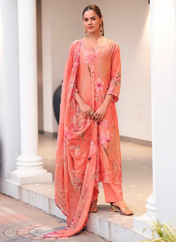 Tasteful Peach Color Georgette Fabric Designer Suit