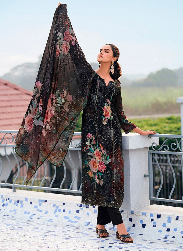 Tasteful Black Color Georgette Fabric Designer Suit