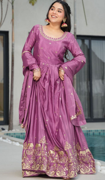 Dazzling Purple Color Chinon Fabric Gown