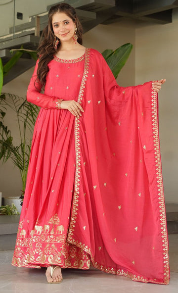 Dazzling Coral Color Chinon Fabric Gown
