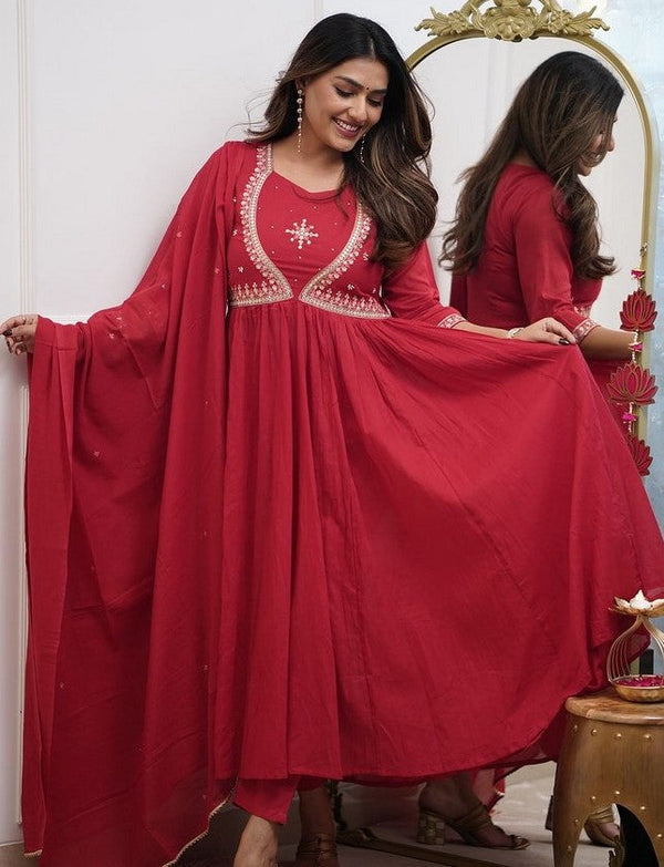 Divine Red Color Muslin Fabric Readymade Suit