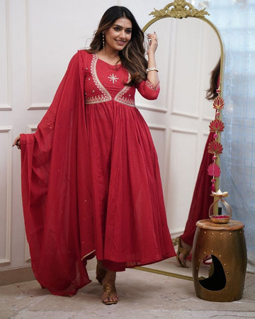 Divine Red Color Muslin Fabric Readymade Suit