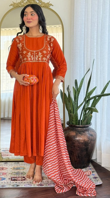 Divine Orange Color Viscose Fabric Readymade Suit