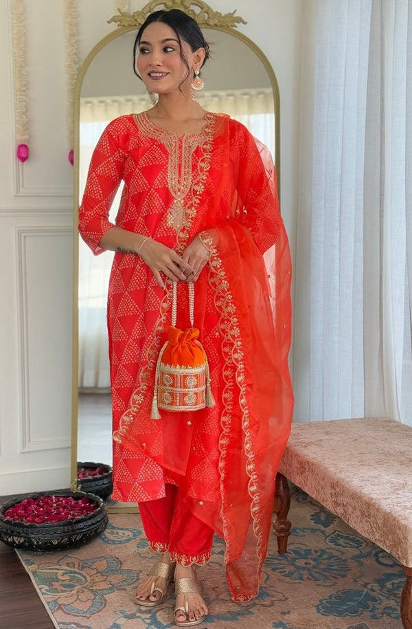 Divine Orange Color Crepe Fabric Readymade Suit