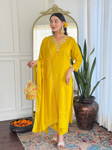 Divine Yellow Color Vichitra Fabric Readymade Suit