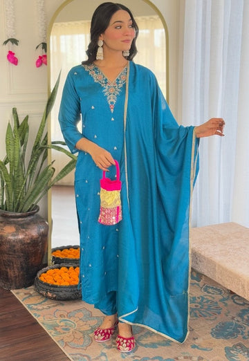 Divine Blue Color Vichitra Fabric Readymade Suit