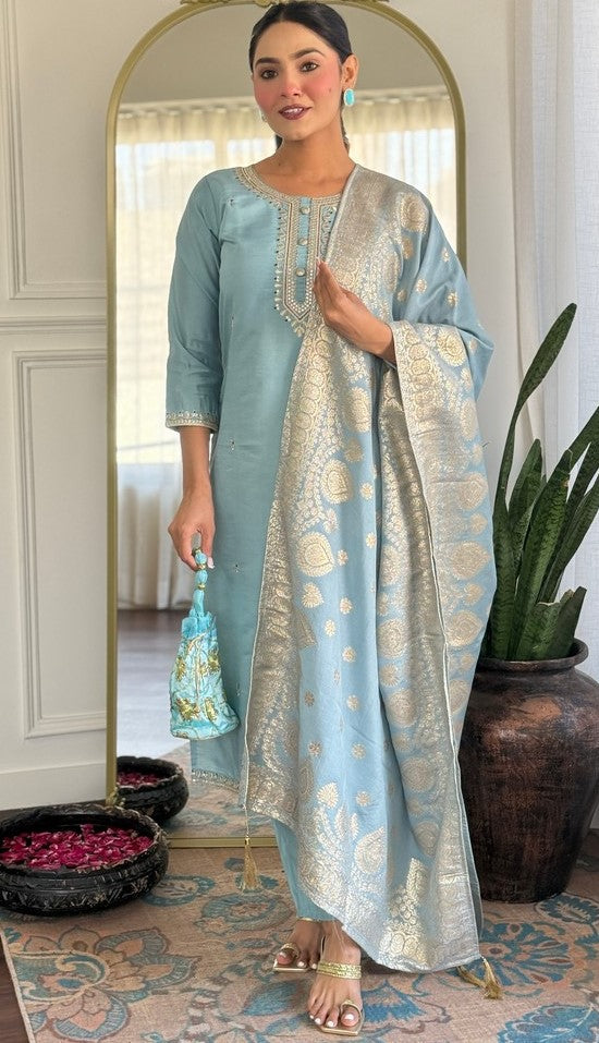 Divine Grey Color Viscose Fabric Readymade Suit