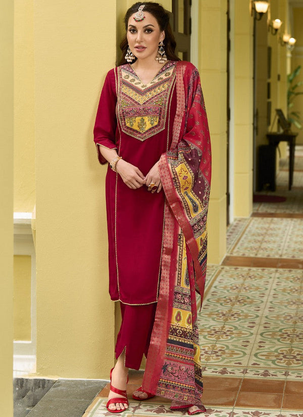 Dazzling Red Color Vichitra Fabric Designer Suit