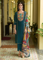 Dazzling Teal Color Vichitra Fabric Designer Suit