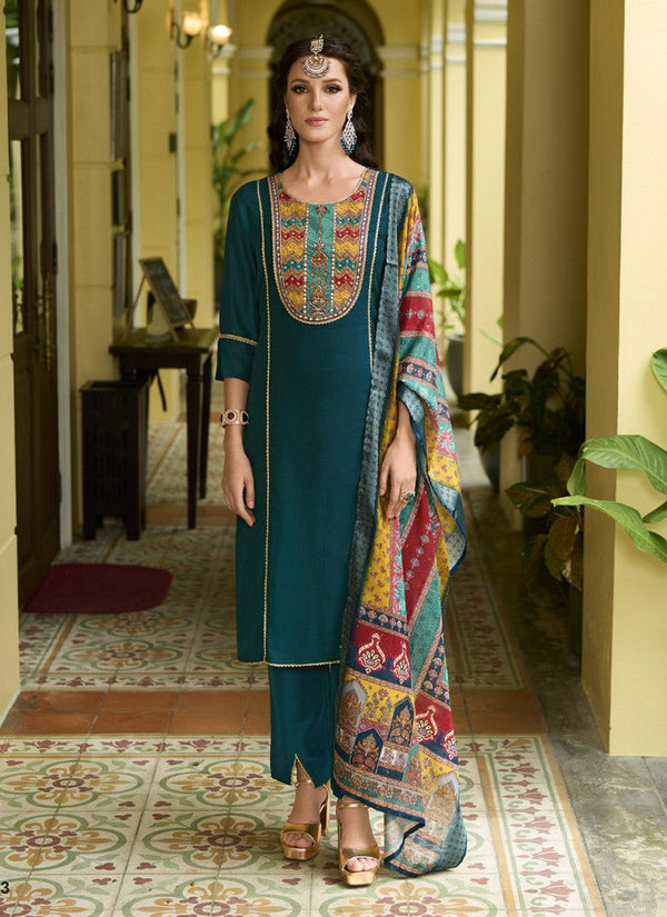 Dazzling Teal Color Vichitra Fabric Designer Suit
