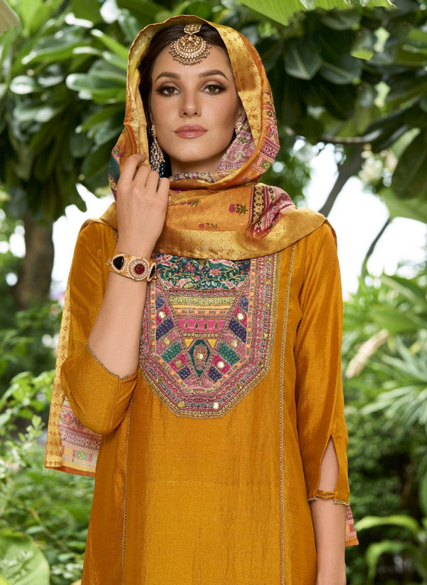 Dazzling Yellow Color Vichitra Fabric Designer Suit