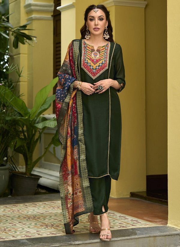 Dazzling Green Color Vichitra Fabric Designer Suit