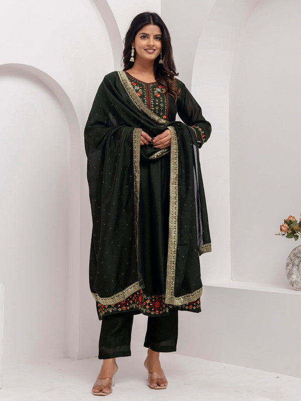Dazzling Green Color Vichitra Fabric Designer Readymade Suit