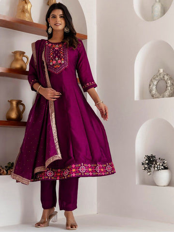 Dazzling Purple Color Vichitra Fabric Designer Readymade Suit