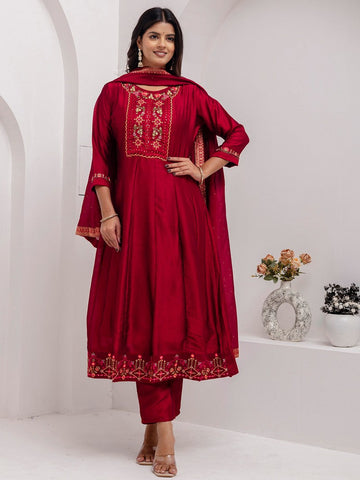 Dazzling Red Color Vichitra Fabric Designer Readymade Suit