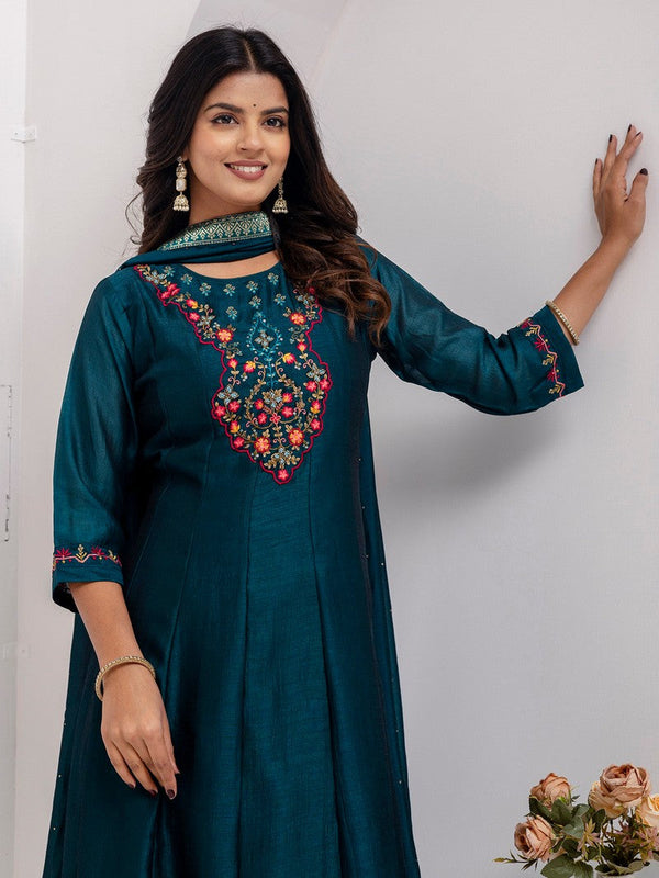 Dazzling Teal Color Vichitra Fabric Designer Readymade Suit
