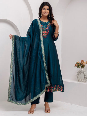Dazzling Teal Color Vichitra Fabric Designer Readymade Suit