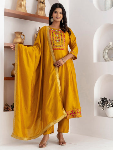 Dazzling Yellow Color Vichitra Fabric Designer Readymade Suit