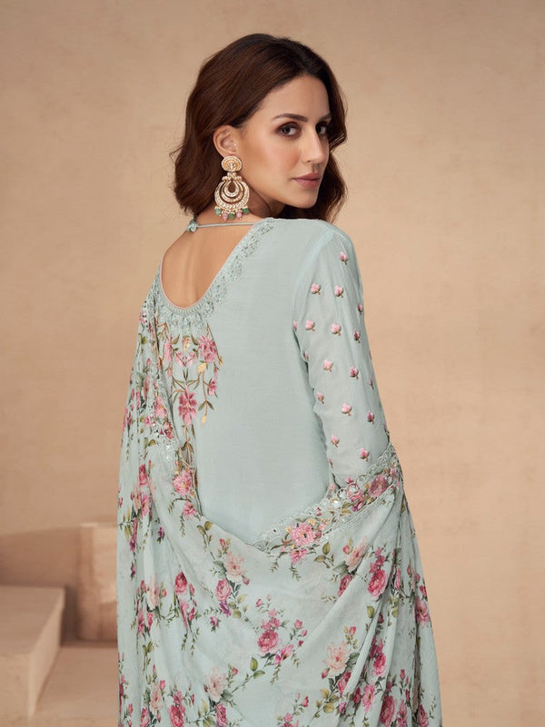 Amazing Aqua Color Chinon Fabric Plazzo Suit