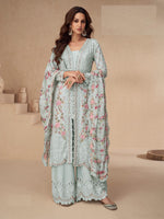 Amazing Aqua Color Chinon Fabric Plazzo Suit