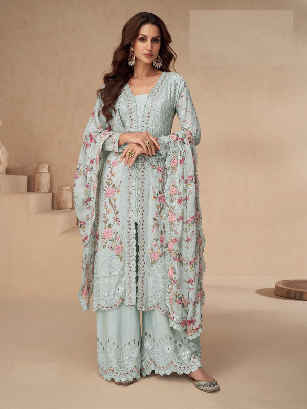 Amazing Aqua Color Chinon Fabric Plazzo Suit