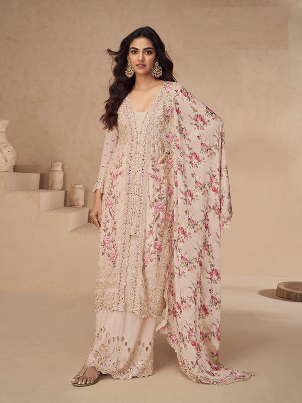 Amazing Peach Color Chinon Fabric Plazzo Suit