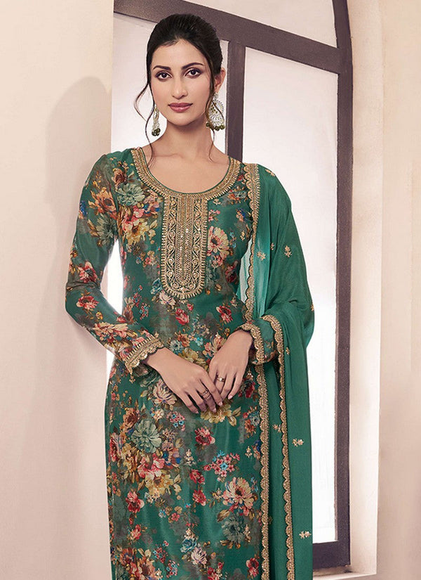 Amazing Teal Color Chinon Fabric Designer Suit