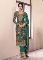 Amazing Teal Color Chinon Fabric Designer Suit